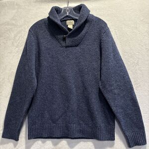 LL Bean Shetland Wool Shawl Collar Sweater Men's Size Large Blue Elbow Patches